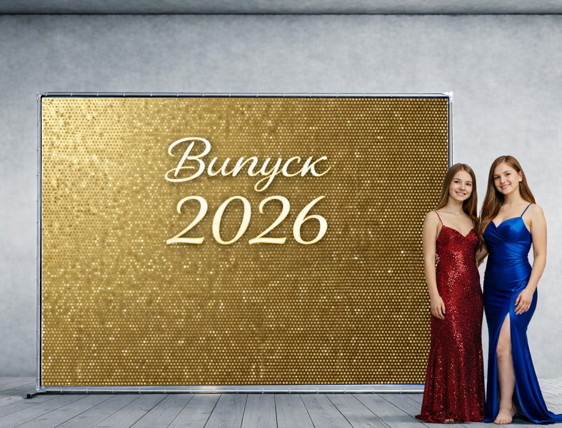 Банер - фотозона в школу Випуск 2026 з емітацією пайеток . золоті , червоні пайетки фон. Друк банерів на свято. розробка макету. Широкоформатний друк банерів. в0168 фото